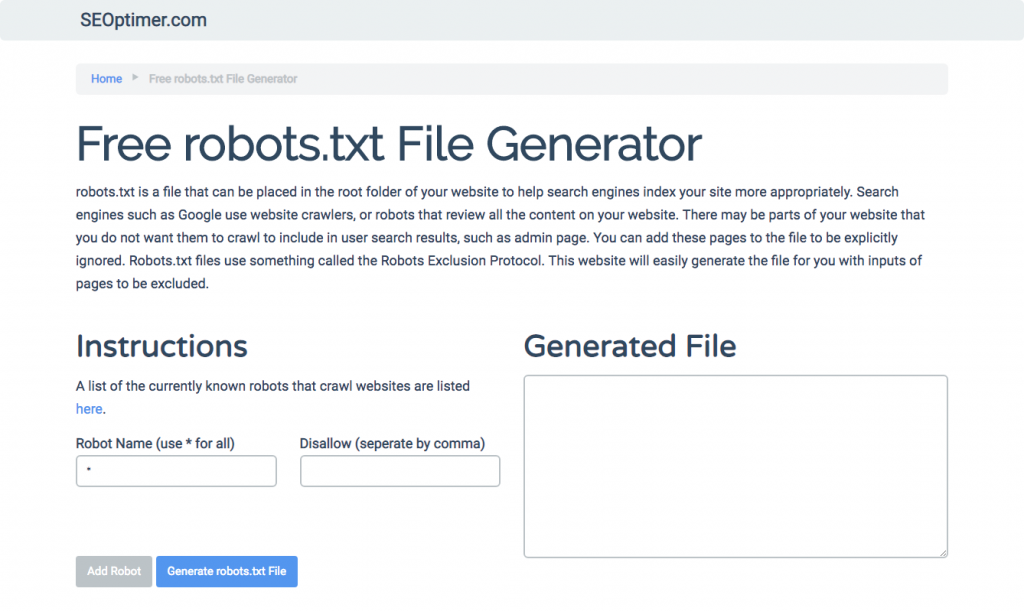 SEOptimer無料robots.txtジェネレータ